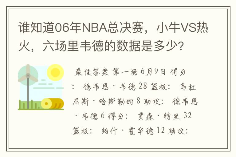 谁知道06年NBA总决赛，小牛VS热火，六场里韦德的数据是多少?