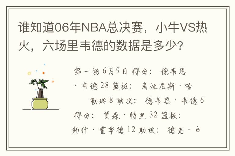 谁知道06年NBA总决赛，小牛VS热火，六场里韦德的数据是多少?