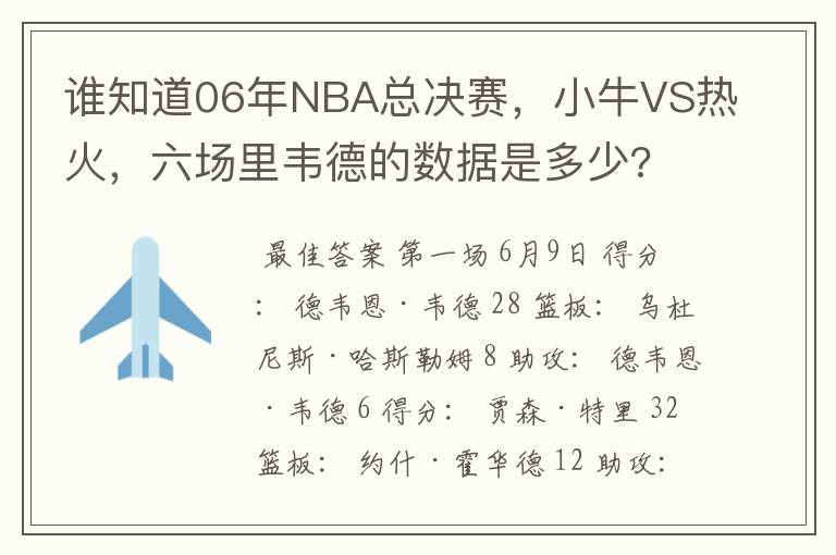 谁知道06年NBA总决赛，小牛VS热火，六场里韦德的数据是多少?