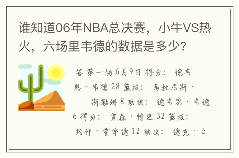 谁知道06年NBA总决赛，小牛VS热火，六场里韦德的数据是多少?