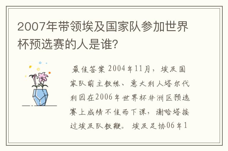 2007年带领埃及国家队参加世界杯预选赛的人是谁？