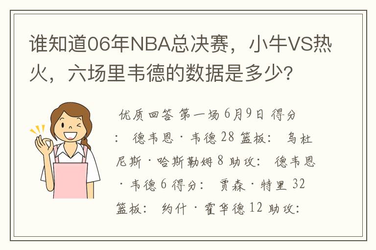 谁知道06年NBA总决赛,小牛VS热火,六场里韦德的数据是多少?