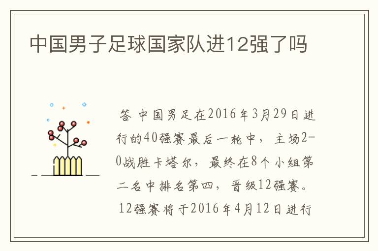 中国男子足球国家队进12强了吗