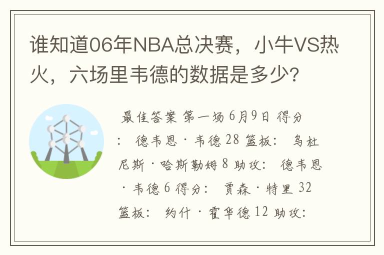 谁知道06年NBA总决赛，小牛VS热火，六场里韦德的数据是多少?