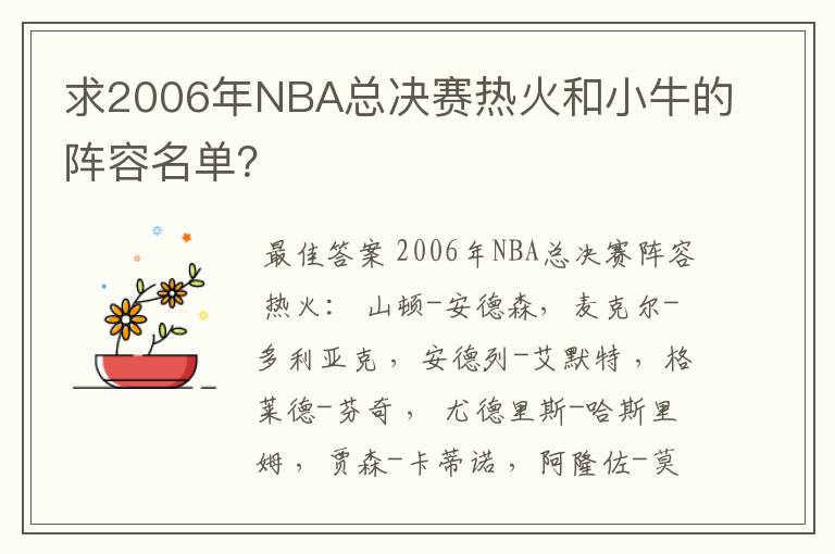 求2006年NBA总决赛热火和小牛的阵容名单？