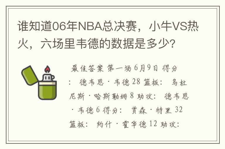 谁知道06年NBA总决赛，小牛VS热火，六场里韦德的数据是多少?