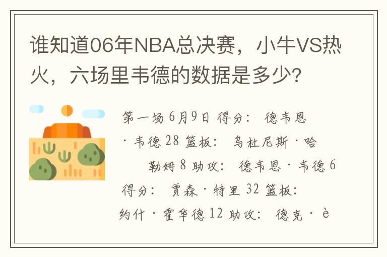 谁知道06年NBA总决赛，小牛VS热火，六场里韦德的数据是多少?