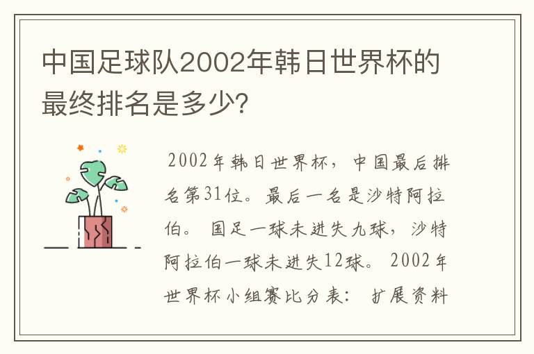 中国足球队2002年韩日世界杯的最终排名是多少？