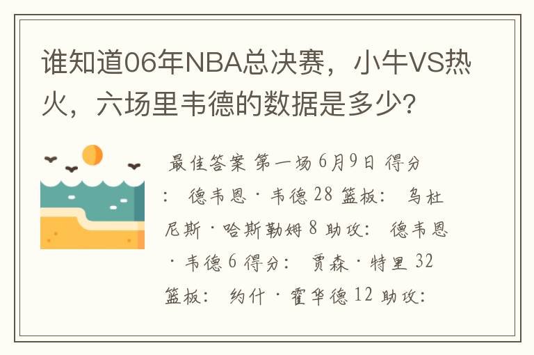 谁知道06年NBA总决赛，小牛VS热火，六场里韦德的数据是多少?