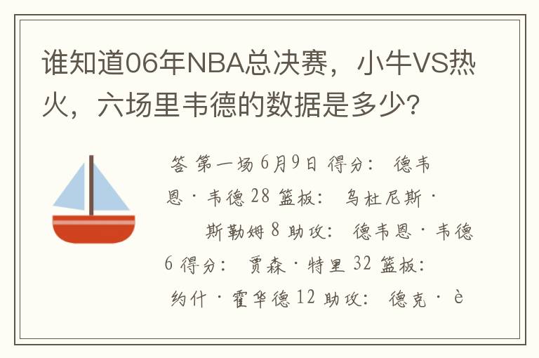 谁知道06年NBA总决赛，小牛VS热火，六场里韦德的数据是多少?