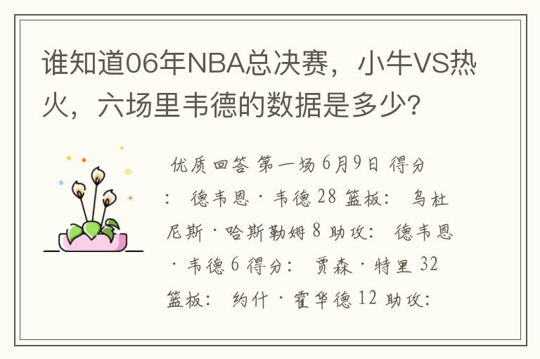 谁知道06年NBA总决赛，小牛VS热火，六场里韦德的数据是多少?