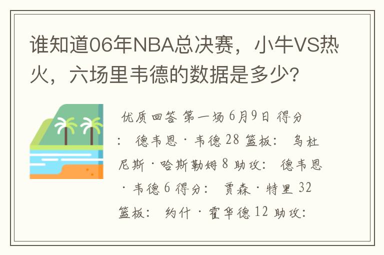 谁知道06年NBA总决赛，小牛VS热火，六场里韦德的数据是多少?