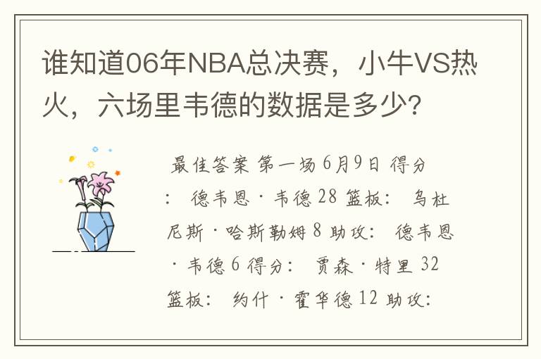 谁知道06年NBA总决赛，小牛VS热火，六场里韦德的数据是多少?