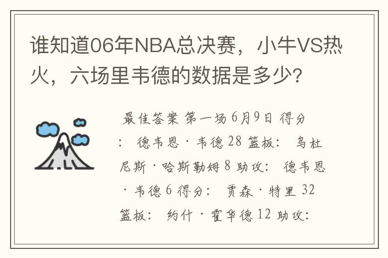 谁知道06年NBA总决赛，小牛VS热火，六场里韦德的数据是多少?