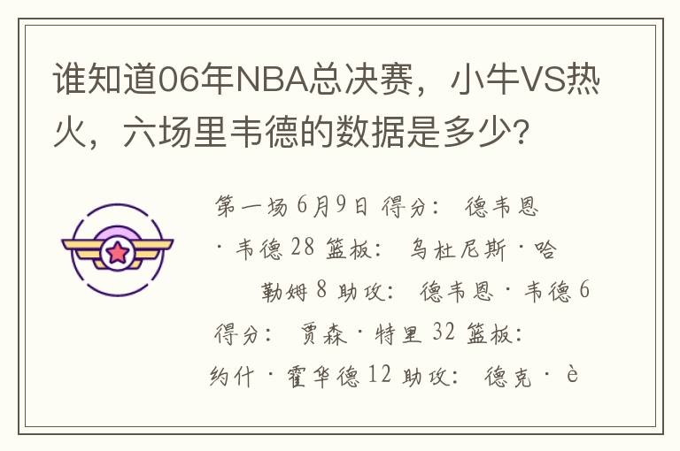 谁知道06年NBA总决赛，小牛VS热火，六场里韦德的数据是多少?