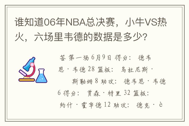 谁知道06年NBA总决赛，小牛VS热火，六场里韦德的数据是多少?