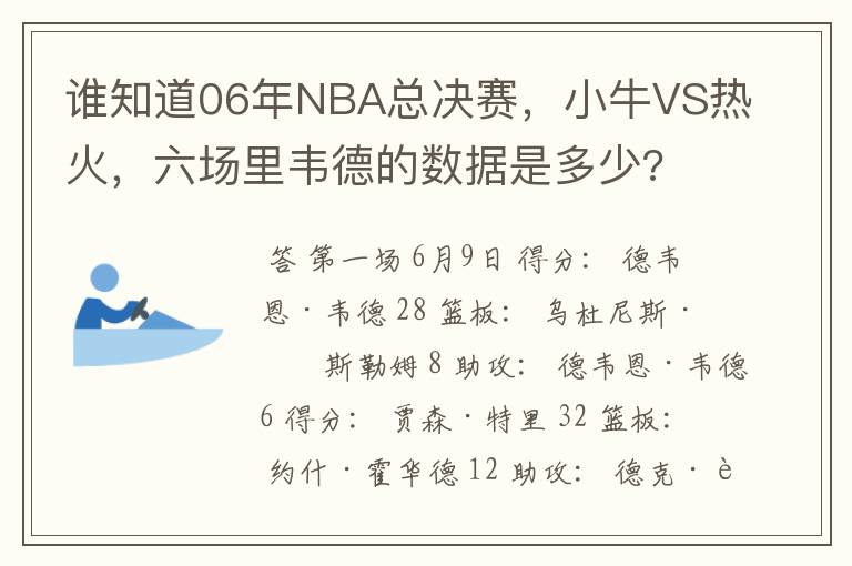 谁知道06年NBA总决赛，小牛VS热火，六场里韦德的数据是多少?