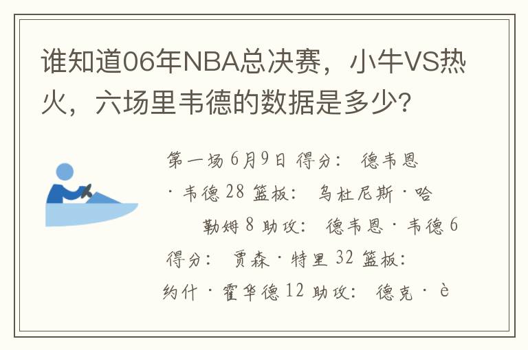 谁知道06年NBA总决赛，小牛VS热火，六场里韦德的数据是多少?