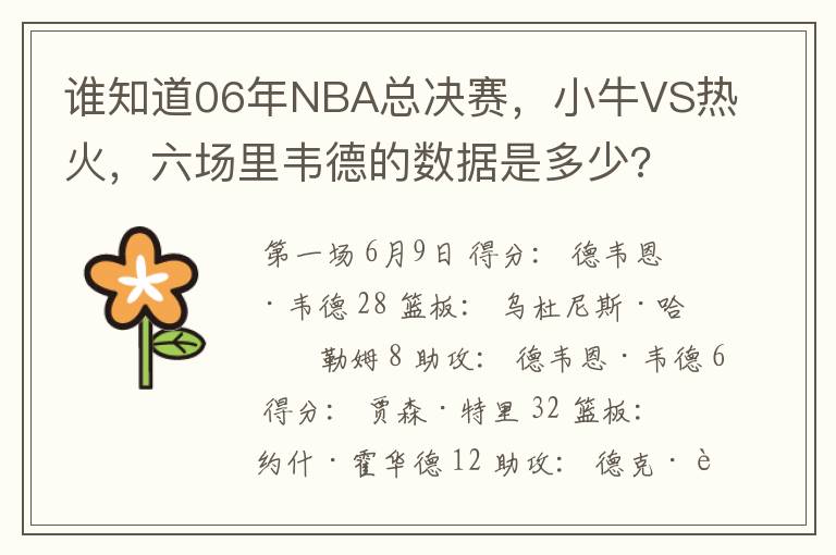 谁知道06年NBA总决赛，小牛VS热火，六场里韦德的数据是多少?