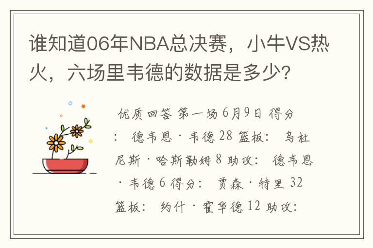 谁知道06年NBA总决赛，小牛VS热火，六场里韦德的数据是多少?