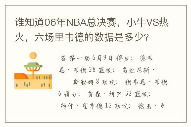 谁知道06年NBA总决赛，小牛VS热火，六场里韦德的数据是多少?