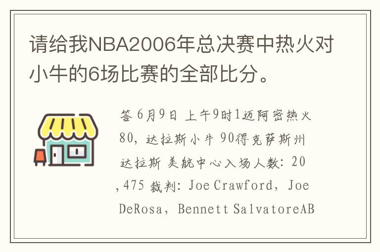 请给我NBA2006年总决赛中热火对小牛的6场比赛的全部比分。