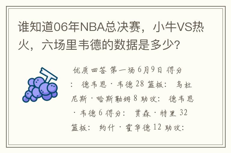 谁知道06年NBA总决赛，小牛VS热火，六场里韦德的数据是多少?