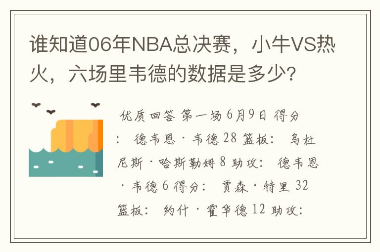 谁知道06年NBA总决赛，小牛VS热火，六场里韦德的数据是多少?