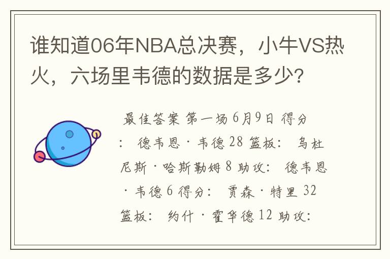 谁知道06年NBA总决赛，小牛VS热火，六场里韦德的数据是多少?