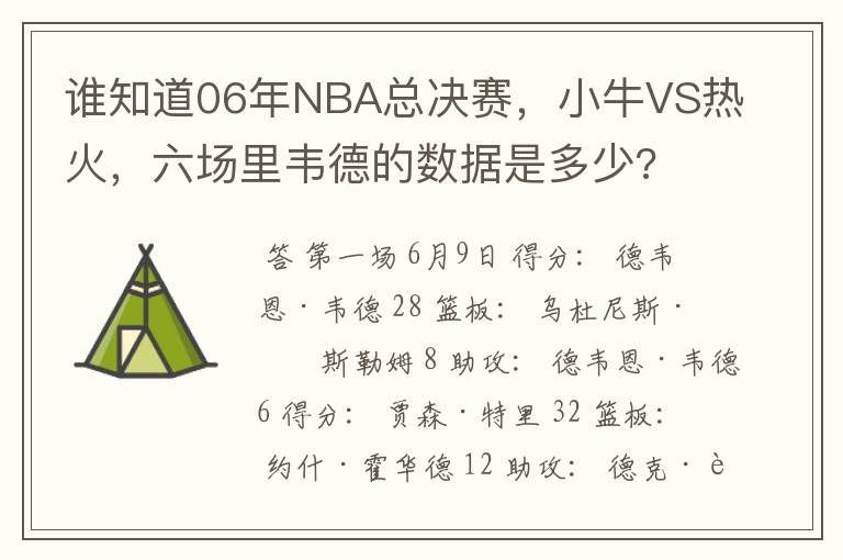 谁知道06年NBA总决赛，小牛VS热火，六场里韦德的数据是多少?