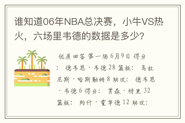 谁知道06年NBA总决赛，小牛VS热火，六场里韦德的数据是多少?