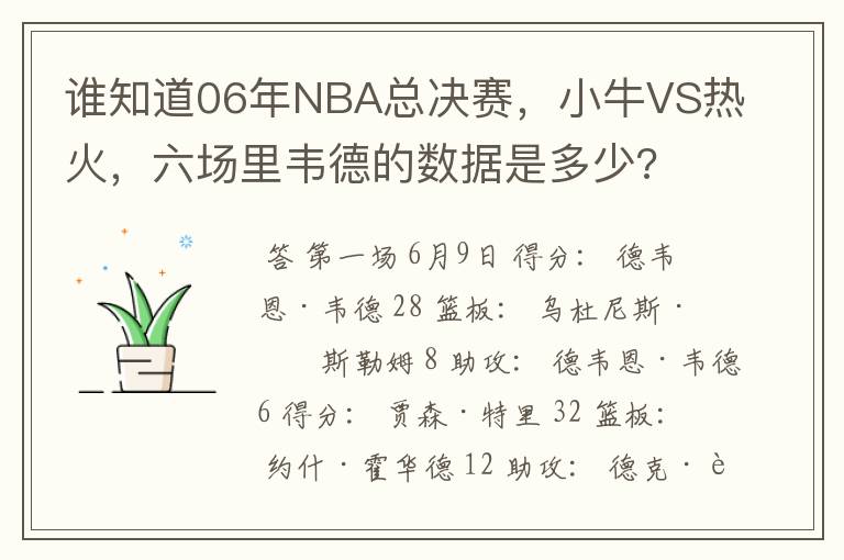 谁知道06年NBA总决赛，小牛VS热火，六场里韦德的数据是多少?