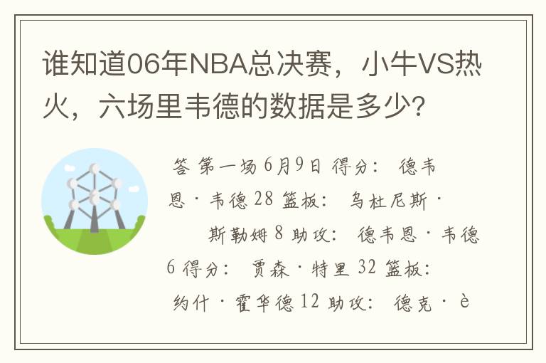 谁知道06年NBA总决赛，小牛VS热火，六场里韦德的数据是多少?