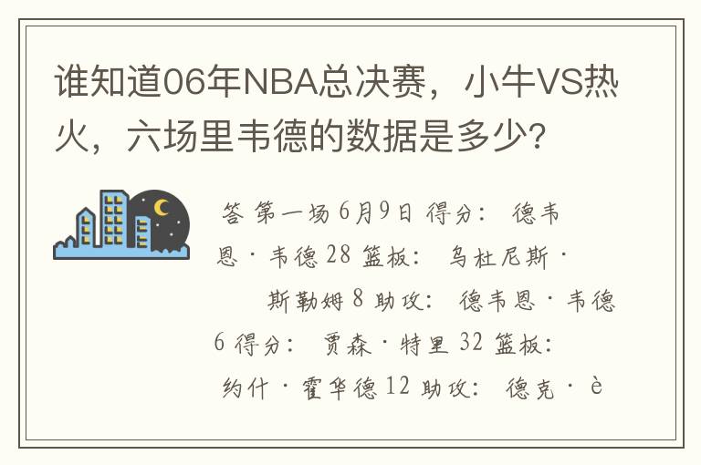 谁知道06年NBA总决赛，小牛VS热火，六场里韦德的数据是多少?