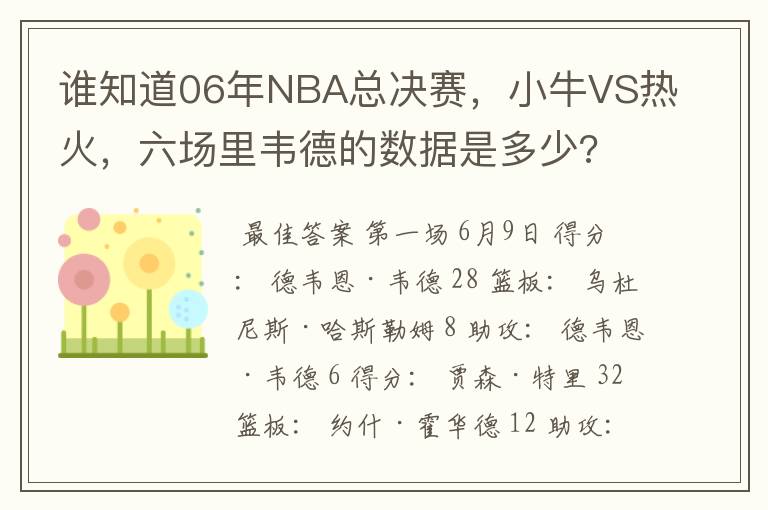 谁知道06年NBA总决赛，小牛VS热火，六场里韦德的数据是多少?