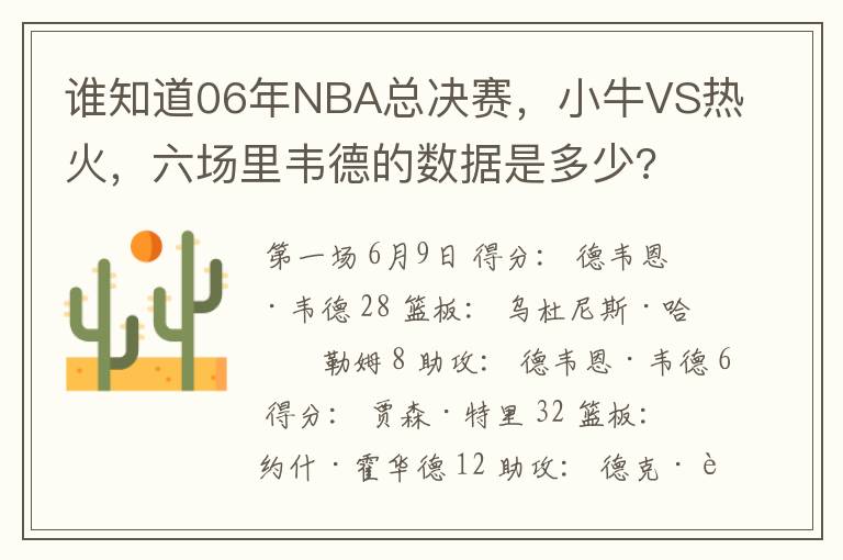 谁知道06年NBA总决赛，小牛VS热火，六场里韦德的数据是多少?