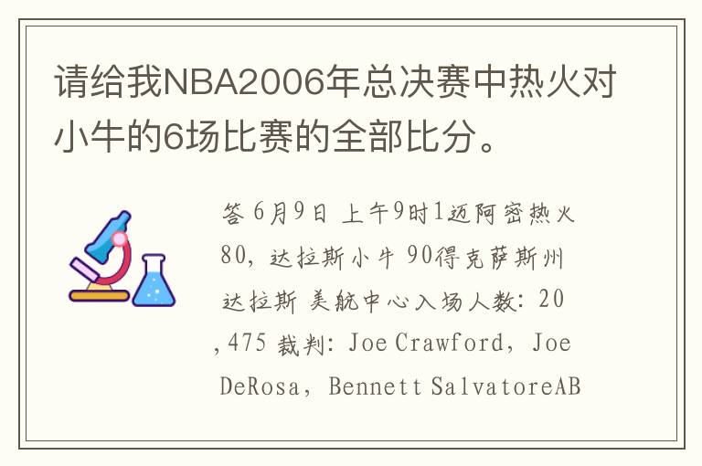 请给我NBA2006年总决赛中热火对小牛的6场比赛的全部比分。