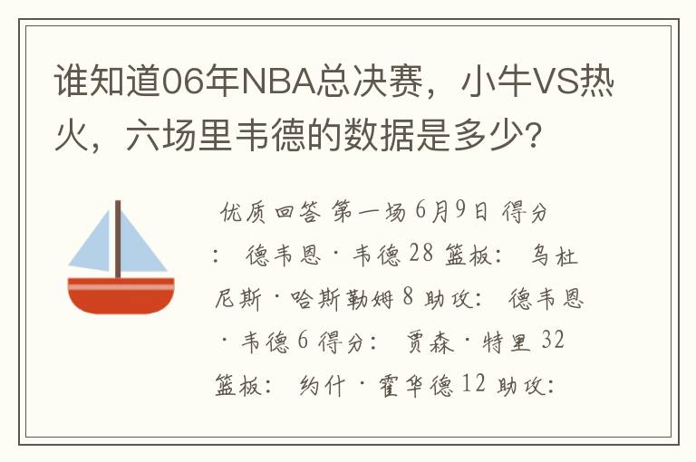 谁知道06年NBA总决赛，小牛VS热火，六场里韦德的数据是多少?