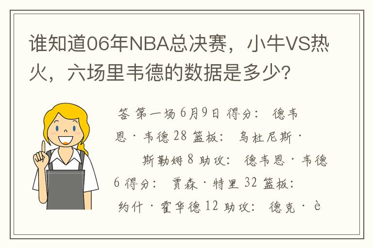 谁知道06年NBA总决赛，小牛VS热火，六场里韦德的数据是多少?