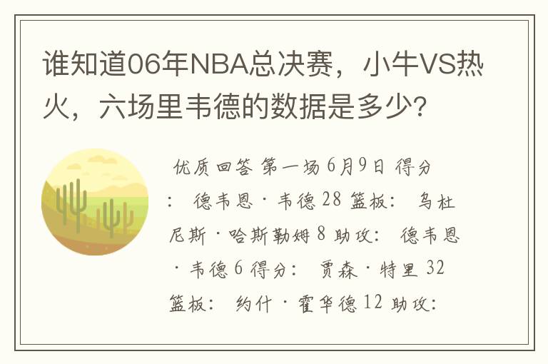 谁知道06年NBA总决赛，小牛VS热火，六场里韦德的数据是多少?