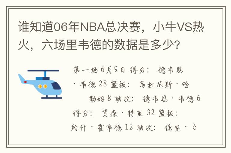 谁知道06年NBA总决赛，小牛VS热火，六场里韦德的数据是多少?