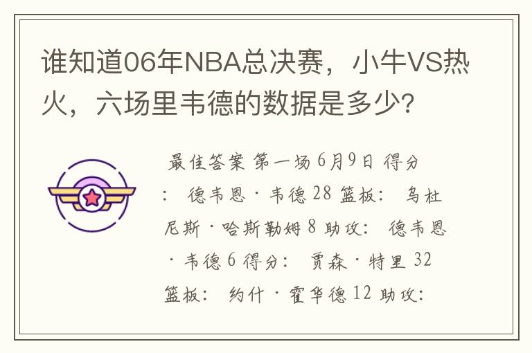 谁知道06年NBA总决赛，小牛VS热火，六场里韦德的数据是多少?