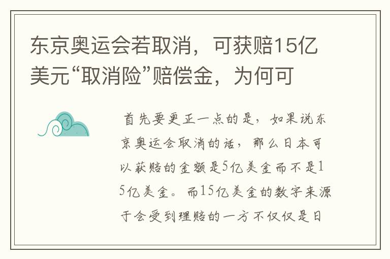 东京奥运会若取消，可获赔15亿美元“取消险”赔偿金，为何可以赔这么多？