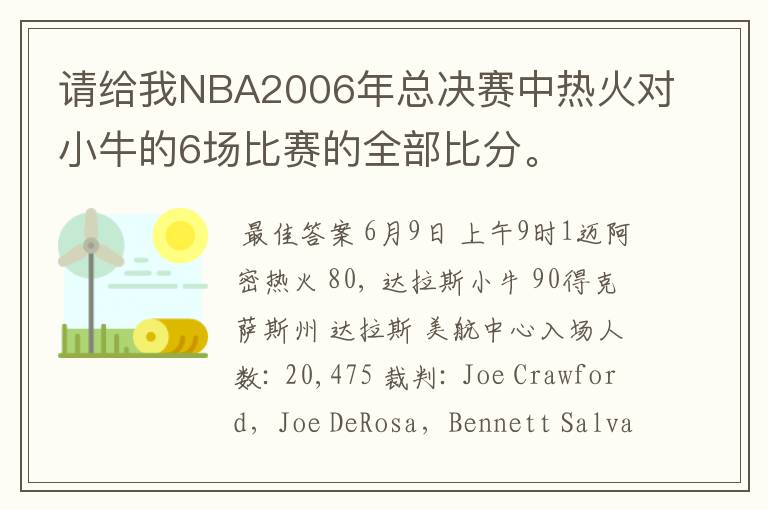 请给我NBA2006年总决赛中热火对小牛的6场比赛的全部比分。