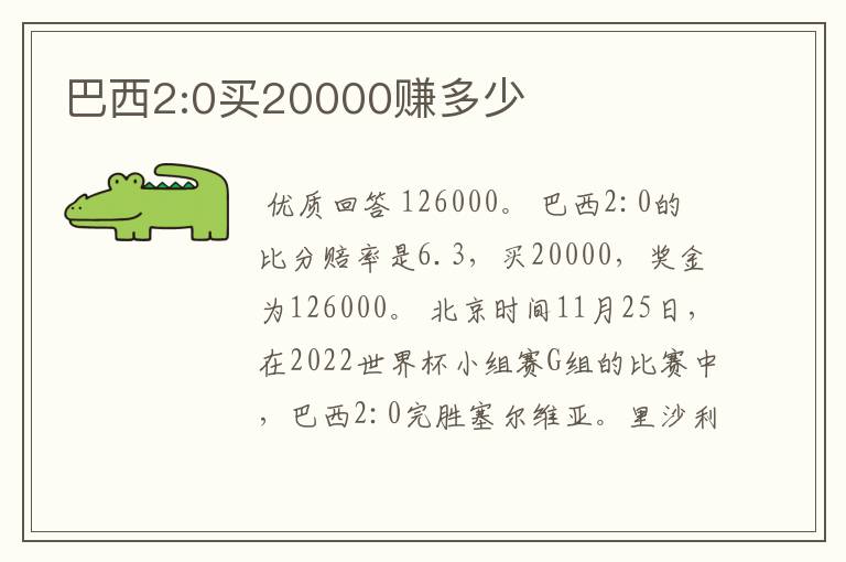 巴西2:0买20000赚多少