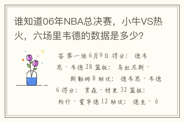 谁知道06年NBA总决赛，小牛VS热火，六场里韦德的数据是多少?