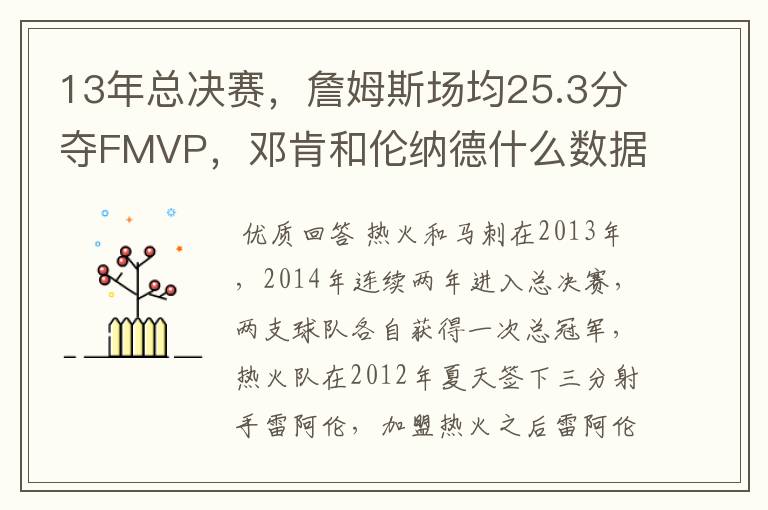 13年总决赛，詹姆斯场均25.3分夺FMVP，邓肯和伦纳德什么数据？