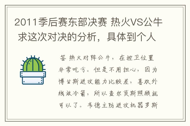 2011季后赛东部决赛 热火VS公牛 求这次对决的分析，具体到个人对位最好不过！