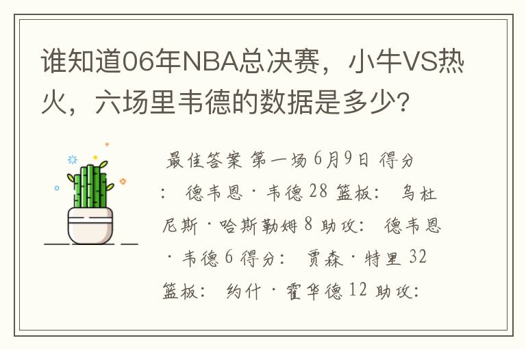 谁知道06年NBA总决赛，小牛VS热火，六场里韦德的数据是多少?