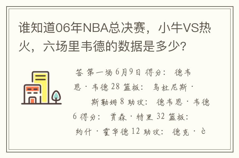 谁知道06年NBA总决赛，小牛VS热火，六场里韦德的数据是多少?